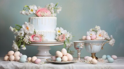  a table topped with a cake covered in frosting next to a plate of eggs and a vase of flowers.
