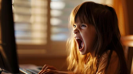 Fotobehang little girl screaming on a computer  © Alexis