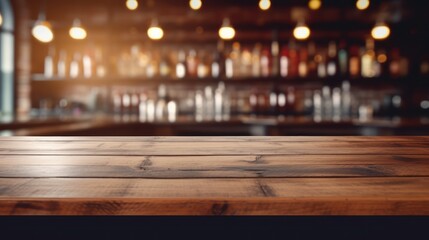  a wooden table top in front of a bar with bottles on the wall and lights hanging from the ceiling in the background. - obrazy, fototapety, plakaty
