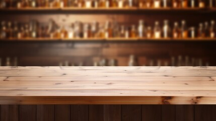  a wooden table sitting in front of a shelf filled with bottles of different shapes and sizes on a wooden floor. - obrazy, fototapety, plakaty