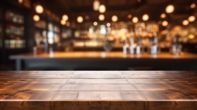  a wooden table top in front of a blurry image of a bar with lights hanging from the ceiling and a bar in the background.