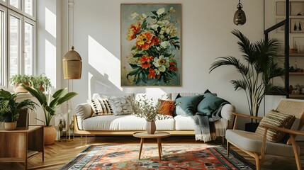 Fototapeta na wymiar Modern Oasis - Serene Living Room with Protea Flower Art and Sunlit Glass Window