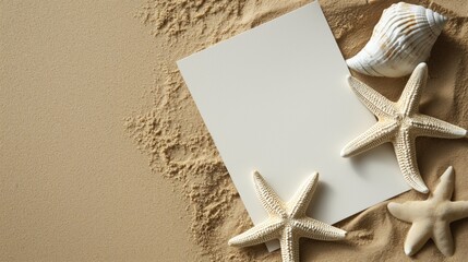 Sand background with sea stars and notepaper - obrazy, fototapety, plakaty