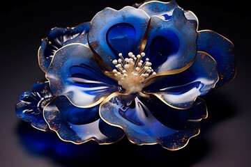 Prismatic cobalt and bronze liquid marble floral designs embellishing a celestial sapphire-blue resin geode artwork.