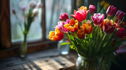 Elegant Tulip Bouquet, Enchanting Closeup with Bokeh Background, Nature's Delicate Charms