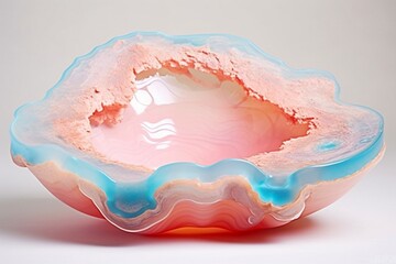 Radiant cerulean and coral liquid marble floral patterns emerging on a soft blush-pink resin geode artwork.