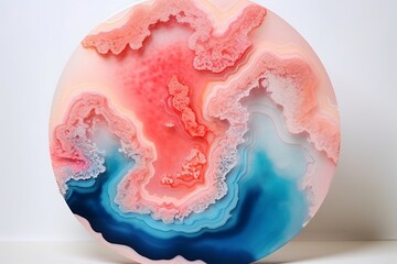 Radiant cerulean and coral liquid marble floral patterns emerging on a soft blush-pink resin geode artwork.