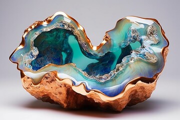 Radiant cobalt and bronze liquid marble blossoms blooming within an ethereal mint-green resin geode surface.