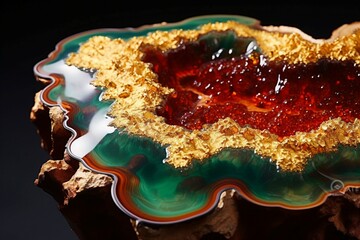 Radiant emerald and ruby liquid marble blossoms blooming within a golden-hued amber resin geode surface.