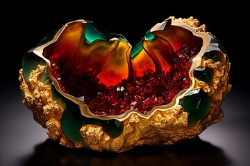 Radiant emerald and ruby liquid marble blossoms blooming within a golden-hued amber resin geode surface. - obrazy, fototapety, plakaty