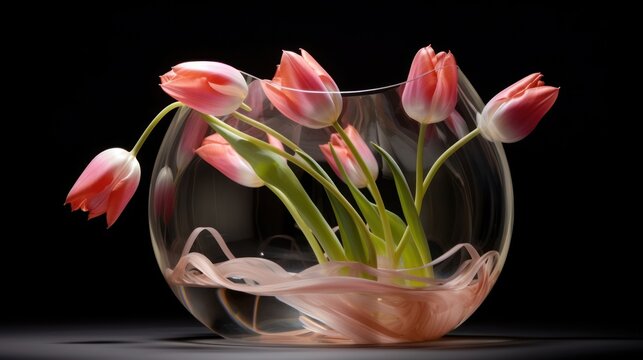  a vase filled with pink tulips on top of a black table next to a glass vase filled with water.