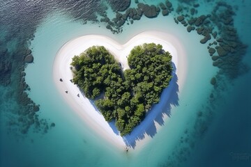 Aerial Shot of Heart-shaped Island. A Romantic Paradise with Lush Greenery and Crystal Clear Waters
