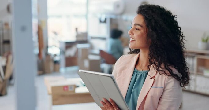 Designer woman, tablet and thinking or writing on glass board for logistics, e commerce and online shop ideas. Fashion seller on digital technology with startup solution, brainstorming and planning