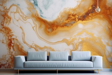 Rich golden tones meld within a resin geode, forming an abstract marble wallpaper that emanates sophistication, ideal for refined wall decor. - obrazy, fototapety, plakaty