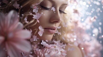  a woman with her eyes closed and her eyes closed, surrounded by pink flowers, is surrounded by water droplets.