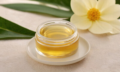 Obraz na płótnie Canvas Jar of honey sits on a plate next to a flower