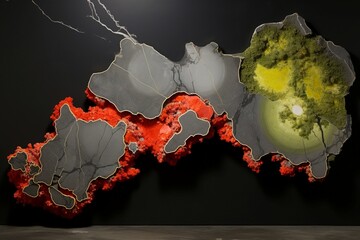 Vibrant chartreuse and vermilion liquid marble floral designs adorning a slate-gray resin geode backdrop.