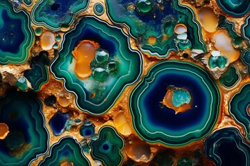 Vibrant citrine and cobalt liquid marble blossoms weaving through an emerald-green resin geode tapestry. - obrazy, fototapety, plakaty