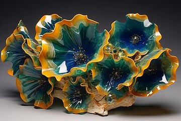Vibrant citrine and cobalt liquid marble blossoms weaving through an emerald-green resin geode tapestry.