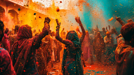 A crowd of Hindus sprinkle each other with paints at the traditional Holi paint festival.