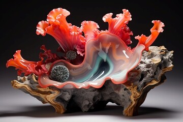 Vibrant coral and pewter liquid marble blossoms dancing across a luminous opal-toned resin geode landscape.