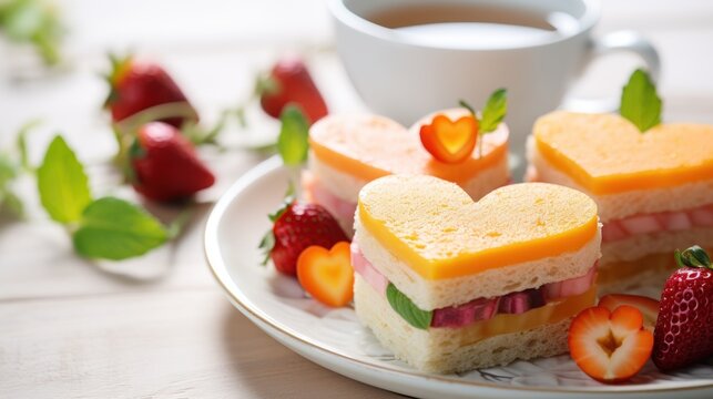  a white plate topped with a cut in half sandwich next to a cup of coffee and strawberries on a table.