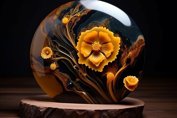 Vivid golden and ebony liquid marble fractal flowers blossoming on a captivating resin geode surface, creating an enchanting scene.