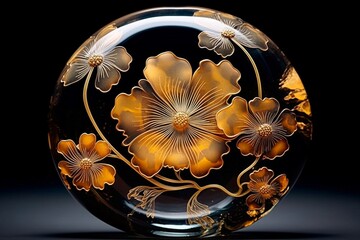 Vivid golden and ebony liquid marble fractal flowers blossoming on a captivating resin geode surface, creating an enchanting scene.
