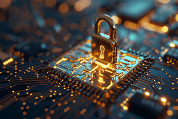 A blue mother plate with wires and yellow bokeh light and a gold lock with a key hole in the middle. A cyber security illustration. Copy space.