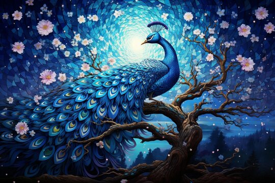 A 3D intricate peacock mosaic in celestial shades of blue, unfolding against a cosmic backdrop, with a tree adorned in cosmic hues.