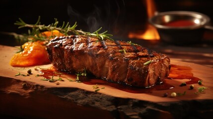  a piece of steak on a cutting board with a side of oranges and a bowl of sauce in the background.