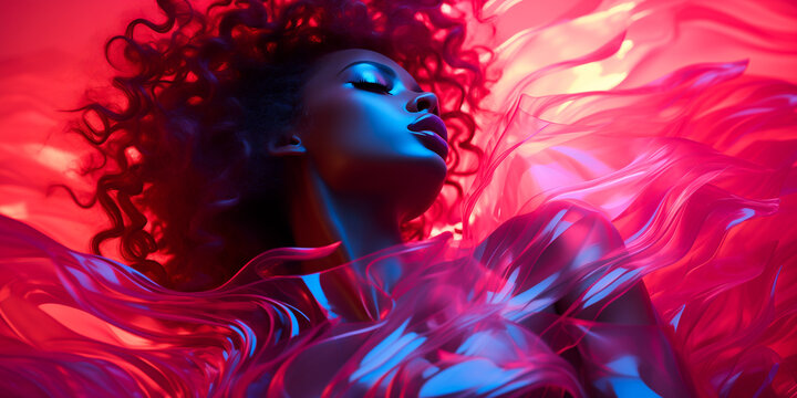 Stunning woman portrait in fluid fabric plastic, red and blue bold contrast color, wide banner, Otherworldly Visions