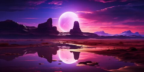 Alien planet landscape with large pink moon, desert, night, dark, wide banner, Otherworldly Visions, empty background