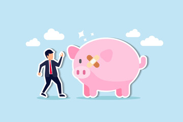 Fix financial problem, investment or saving impacted by crisis or inflation, bankruptcy, deposit or budget concept, poor cracked piggy bank with bandage metaphor of fixing problem.