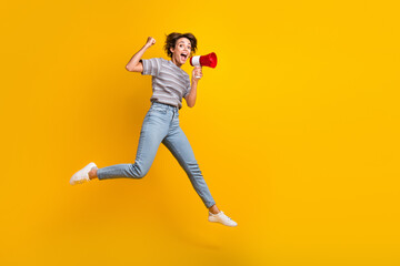 Fototapeta na wymiar Full size photo of delighted nice girl jump raise fist hold loudspeaker empty space isolated on yellow color background