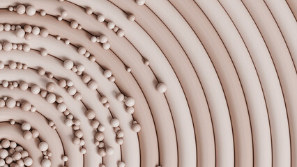 Beige abstract spiral background with sphere or round shapes, 3d render