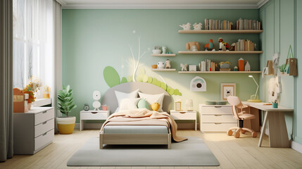 Interior Design. Stylish children's room. Desk with computer and laptop. Bed, toys, closet, shelf. Lighting on the wall, bright lighting. The walls are pastel green.