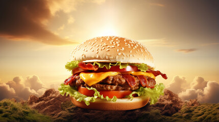 A giant hamburger with thick meat and melted cheese in the middle of the forest,,
A hamburger with a lot of cheese on it

 - obrazy, fototapety, plakaty