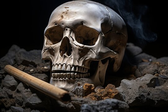 High Quality Image of Skull Near Cigarette. Powerful Message About Smoking Impact