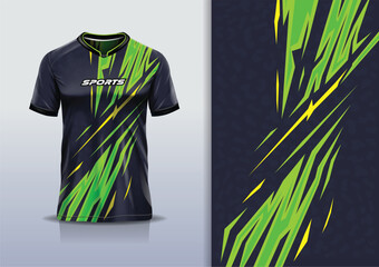 T-shirt mockup with abstract stripe line racing jersey design for football, soccer, racing, esports, running, in green yellow color	
