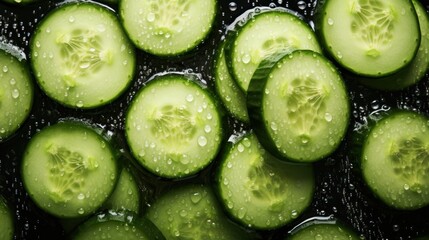  a bunch of cucumbers that have been sliced into small pieces with drops of water on top of them.