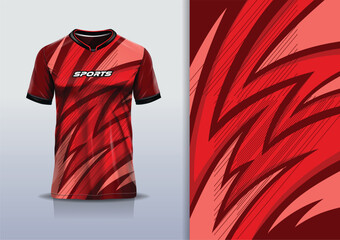 T-shirt mockup with abstract stripe line racing jersey design for football, soccer, racing, esports, running, in red color	 - obrazy, fototapety, plakaty