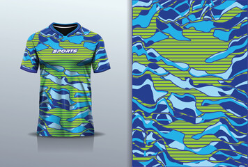 T-shirt mockup with abstract camouflage line jersey design for football, soccer, racing, esports, running, in green blue color
