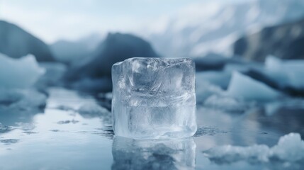 Obraz premium a square ice block sitting on top of a table covered in ice cubes and ice cubes floating in the water.