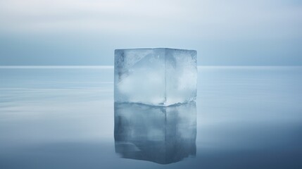  a large ice block sitting in the middle of a body of water in the middle of a cloudy blue sky. - obrazy, fototapety, plakaty