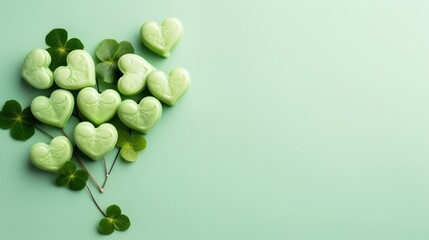  a bunch of green heart shaped candies sitting on top of each other on top of a green surface next to a four leaf clover.
