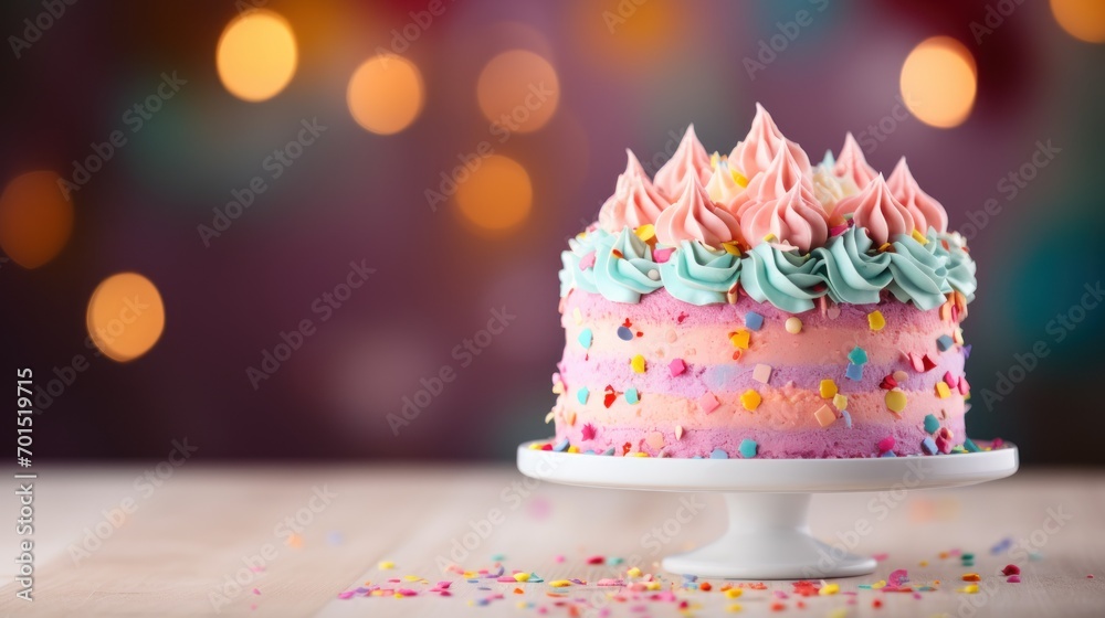 Wall mural  a pink and blue cake with sprinkles on top of a white cake plate on a wooden table.