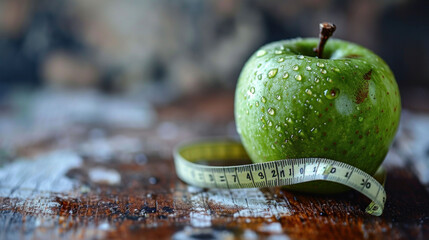 A green apple with water droplets and a measuring tape on a wooden surface, this image on World Health Day encourages a focus on hydration and the importance of measuring for health and nutrition.