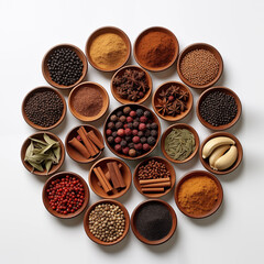 Different spice bowls on light background, top view