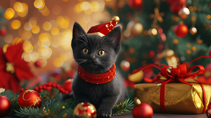 black cat in a christmas cap on a christmas red gold background